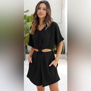 Short Sleeve Romper Casual V Neck Knot Front Cut Out Shorts Jumpsuit with Pocket